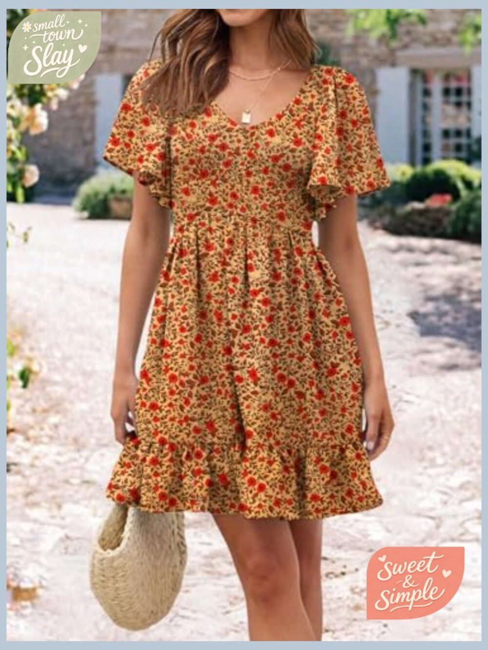 Smocked V-Neck Flutter Sleeve Sundress with Pockets - Picture 2 of 7